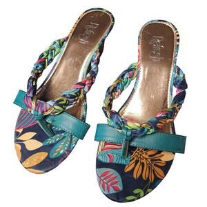 Refresh Floral Kitten Heel Sandals WOMENS SIZE 6.5 Teal Wedge Thongs Church Lady